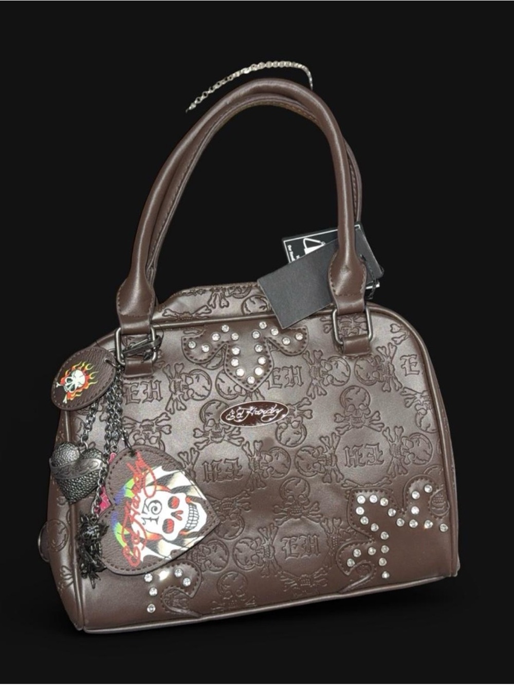 Ed Hardy Brown Embossed Skull Satchel with Stud Accents